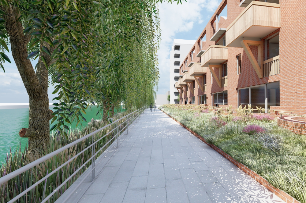 Artist's impression of some riverside housing in Trent Basin future phases.